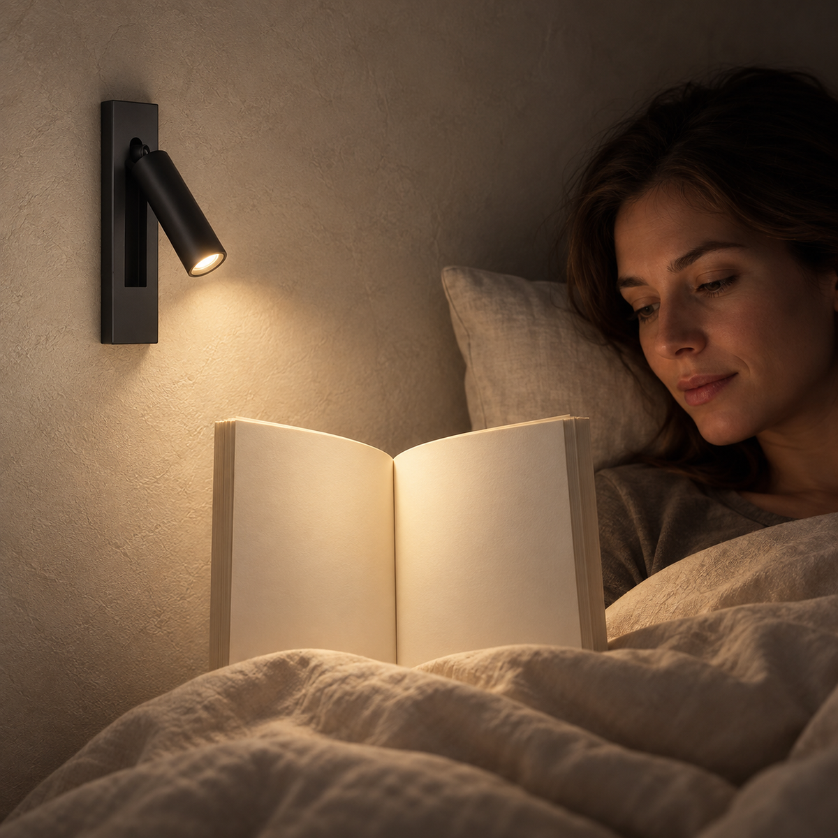 Menaliro black bedside lamp casting a warm pool of light onto a reclining reader's book at night