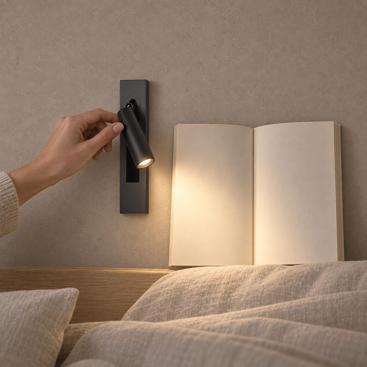 Menaliro black LED wall sconce with a hand aiming its lit head toward an open bedside book