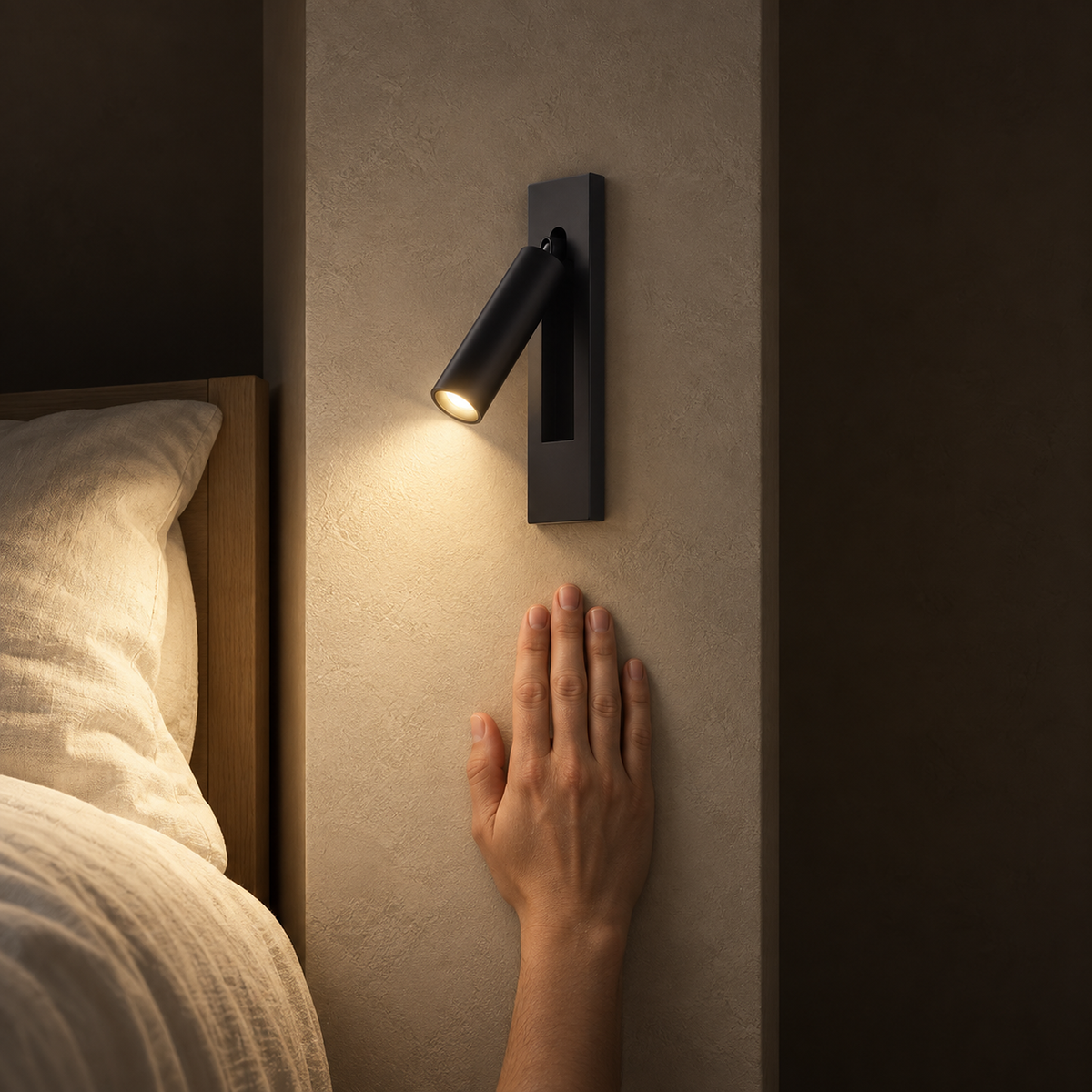Menaliro black wall sconce lit on a narrow plaster pier beside a sleeping alcove at night