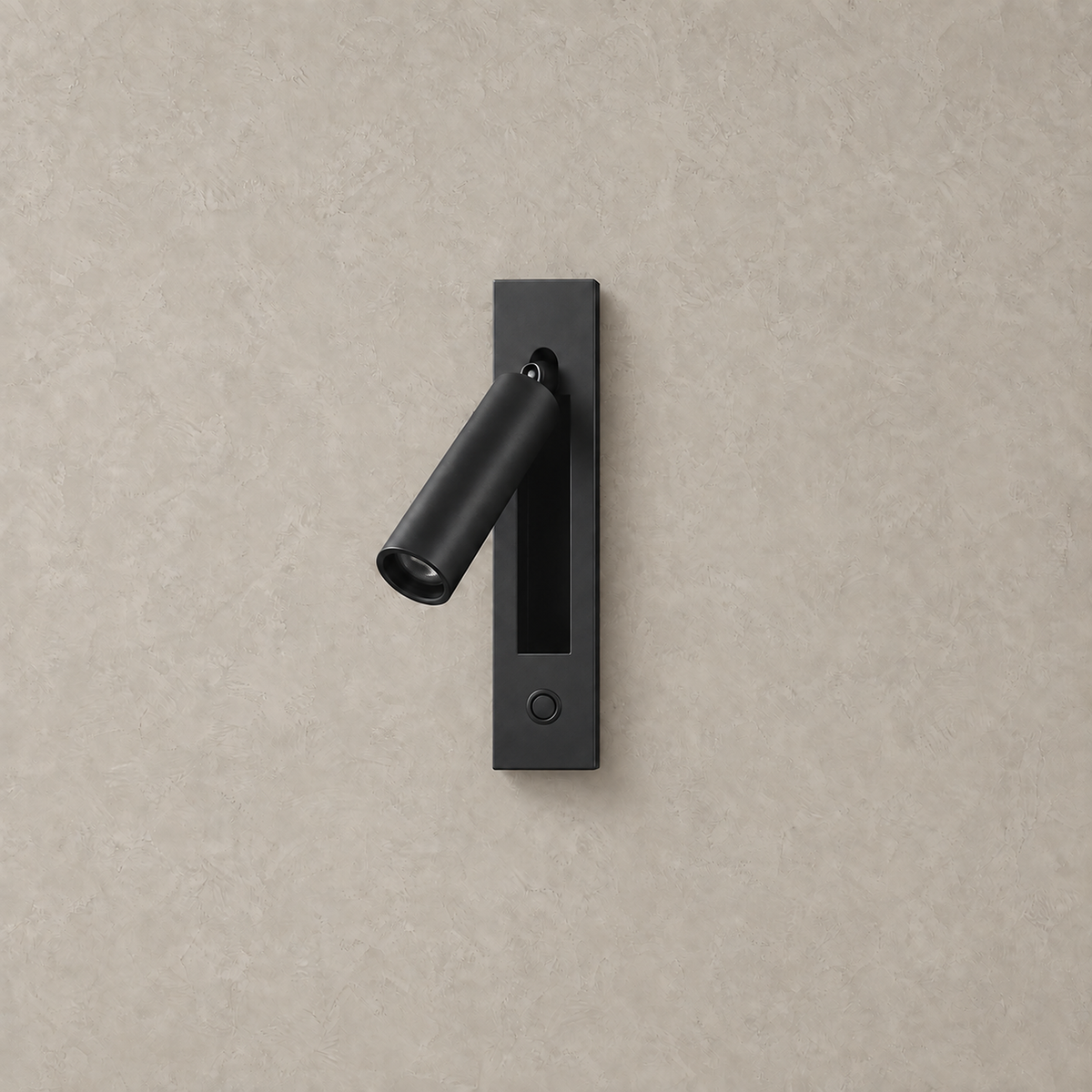 Menaliro black LED wall sconce with a round button switch on the plate, unlit on greige plaster #color_black