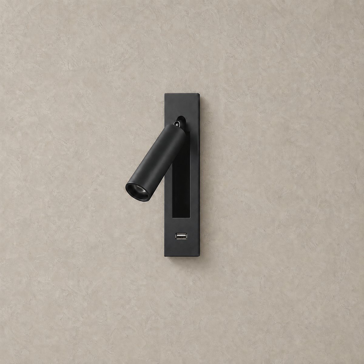 Menaliro black LED wall sconce with a USB port in the plate, unlit on greige plaster #color_black
