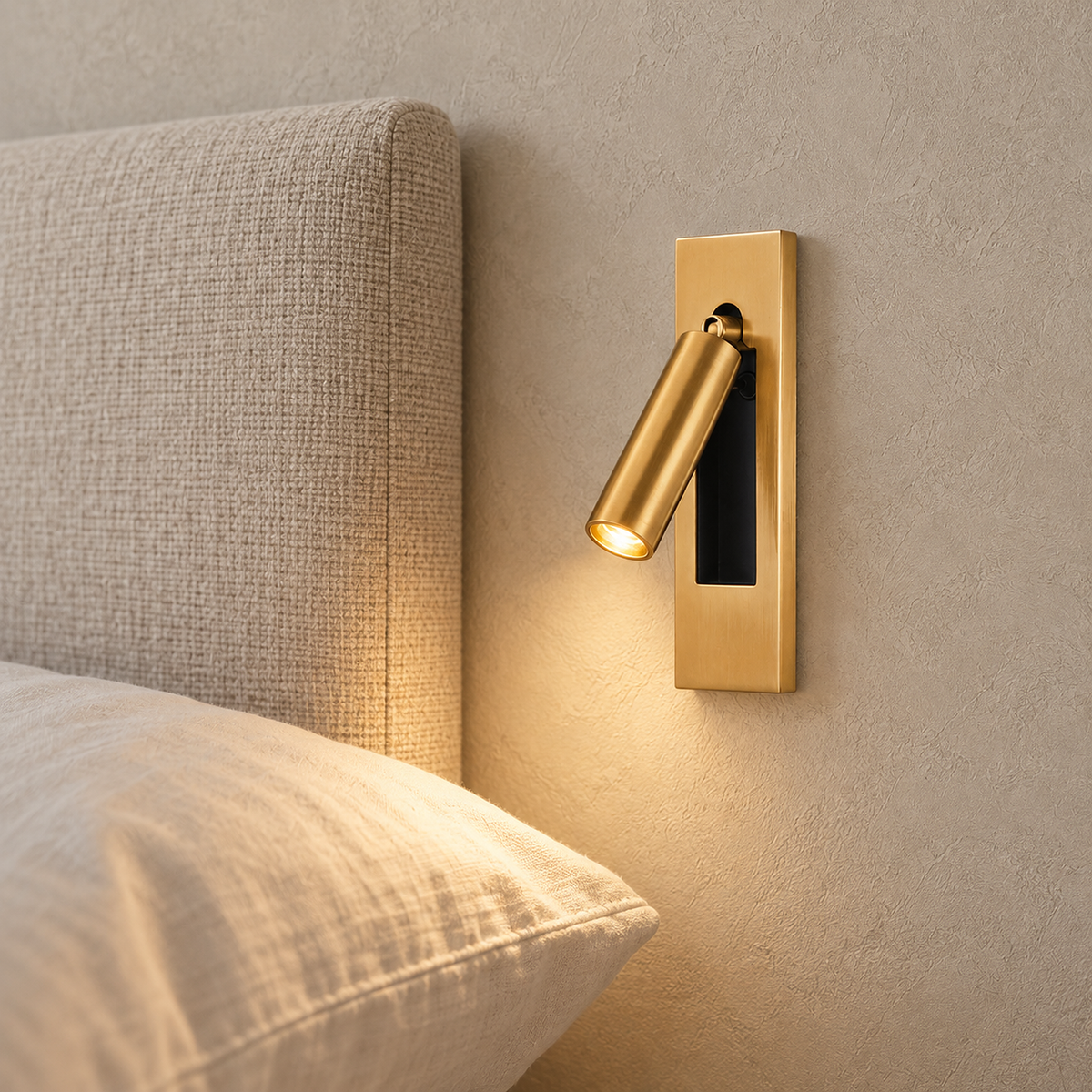 Menaliro gold bedside lamp head and pivot lit beside an oatmeal headboard in a guest room #color_gold