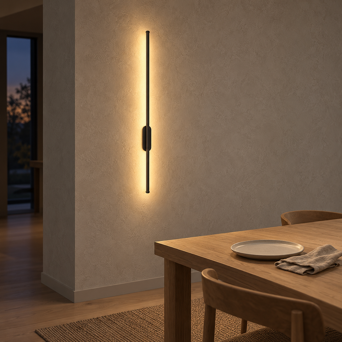 Menalvo black battery operated wall sconce with a continuous warm glow beside a simple dining setting