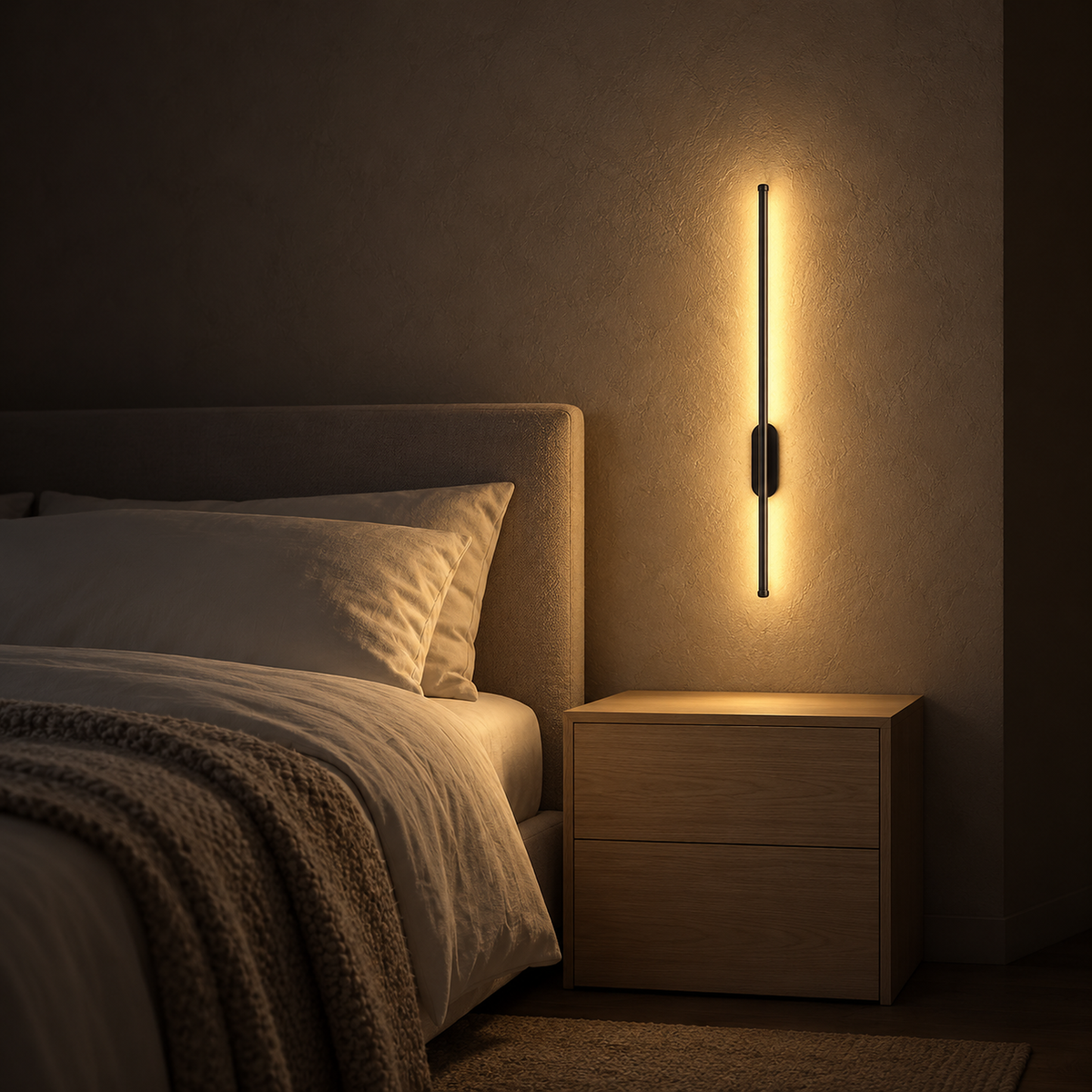 Menalvo black bedside wall light glowing above softly lit ivory bedding at night