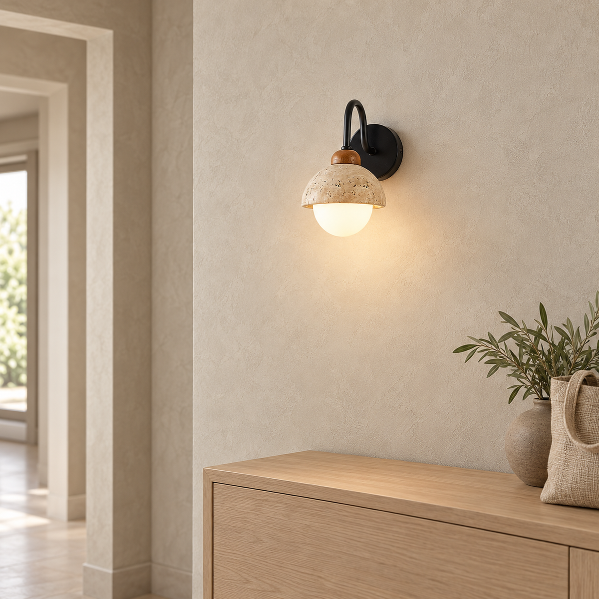 Meratilo yellow travertine and black hardwired wall sconce lit on hallway plaster above a console