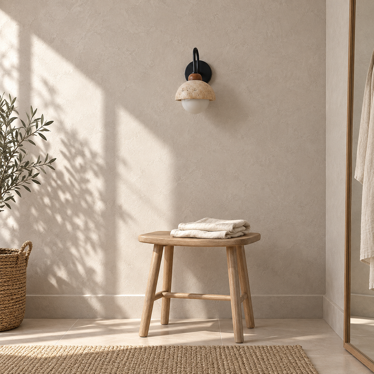 Meratilo yellow travertine and black hardwired wall sconce unlit above a dressing room stool in sunlight