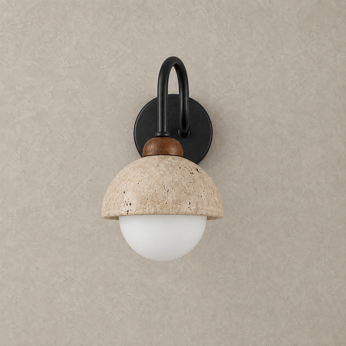 Meratilo yellow travertine and black hardwired wall sconce unlit with stone dome and white globe