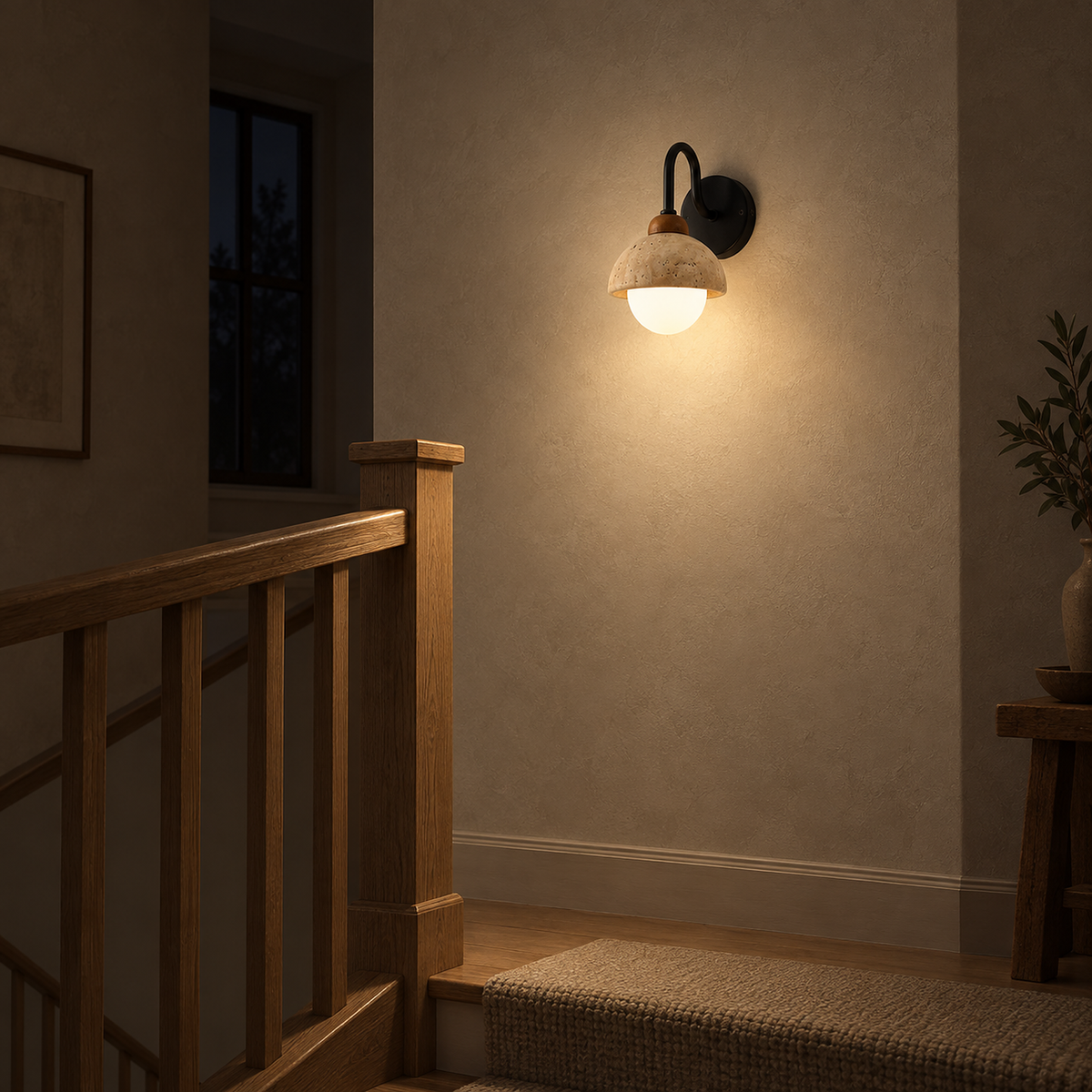 Meratilo yellow travertine and black wall sconce glowing softly on stair landing plaster at night