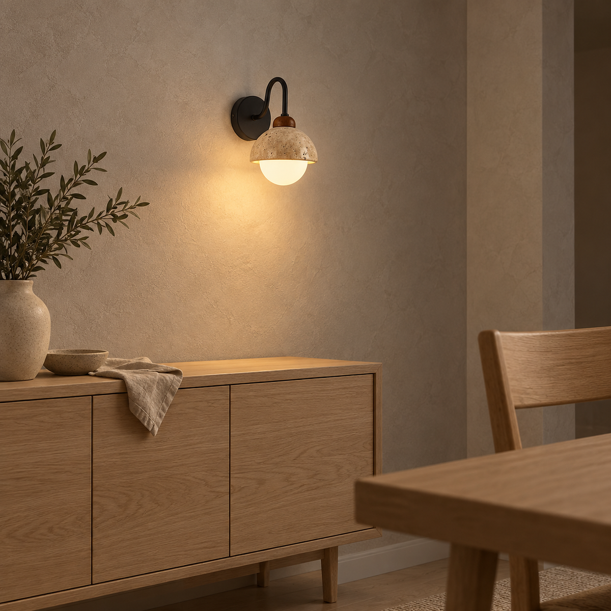 Meratilo yellow travertine and black wall sconce glowing above a dining room sideboard in daylight