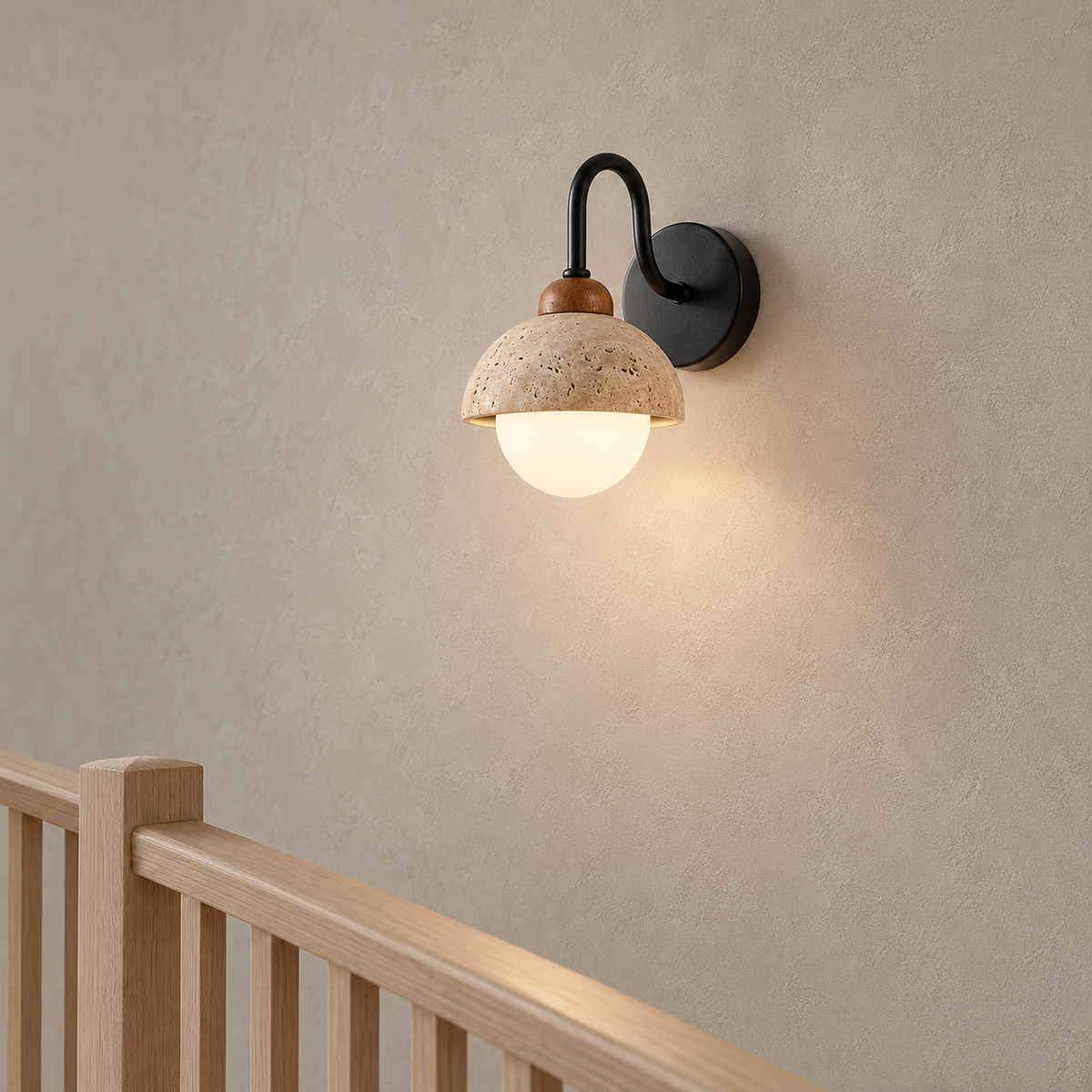 Meratilo yellow travertine and black wall sconce lit with flush backplate beside a stair landing rail