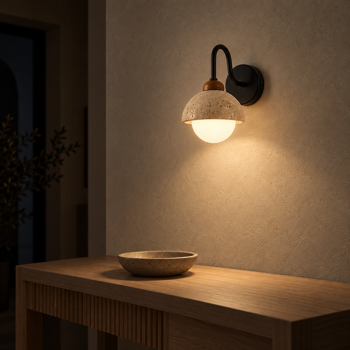 Meratilo yellow travertine and black wall sconce washing an entryway console after dark