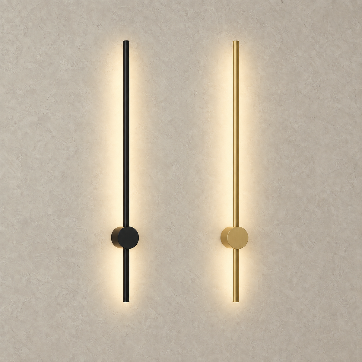 Merisano black and copper battery operated wall sconces glowing side by side on plaster