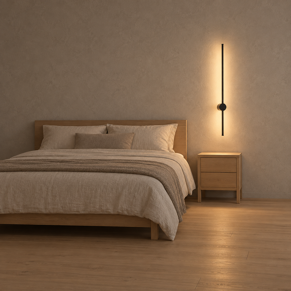 Merisano black battery operated wall sconce lighting a bedroom wall above a clear nightstand