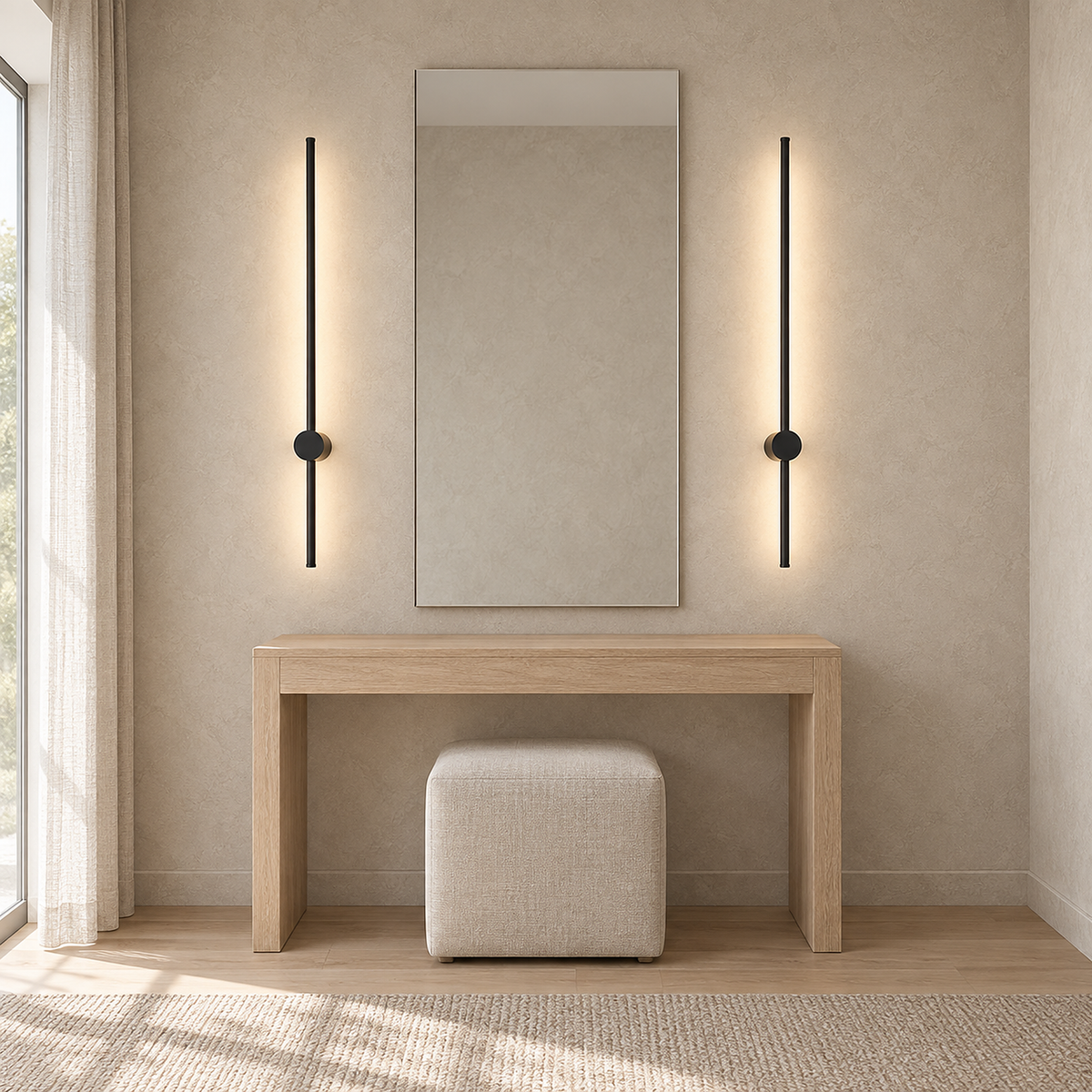 Merisano black cordless wall lamps mounted in a pair flanking a dressing room mirror, both lit