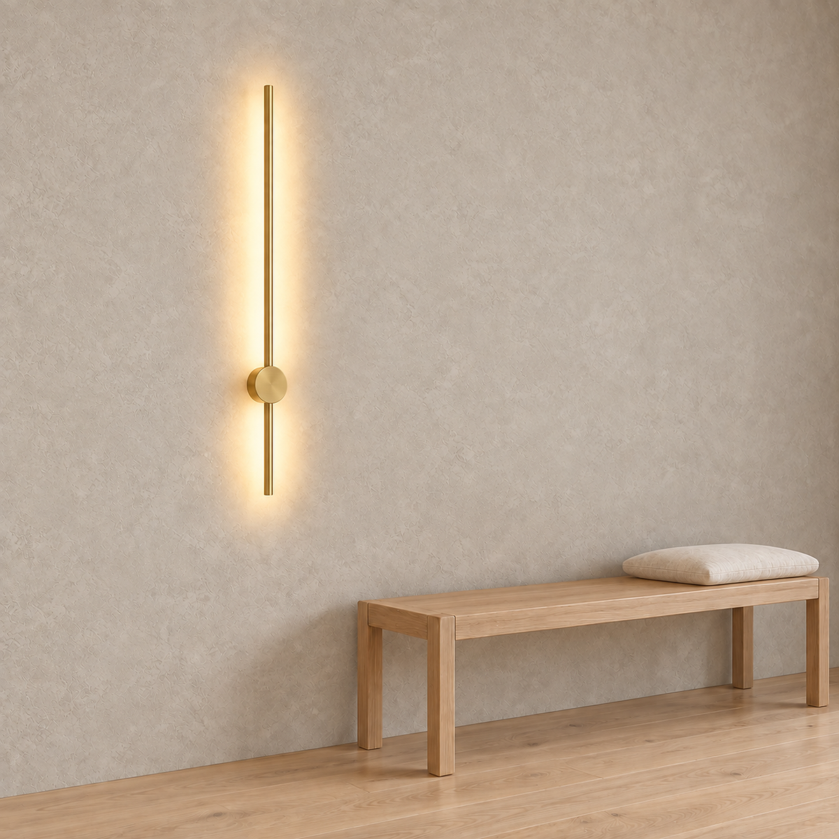 Merisano copper cordless wall lamp lit in a daylit entryway beside a bench #color_copper
