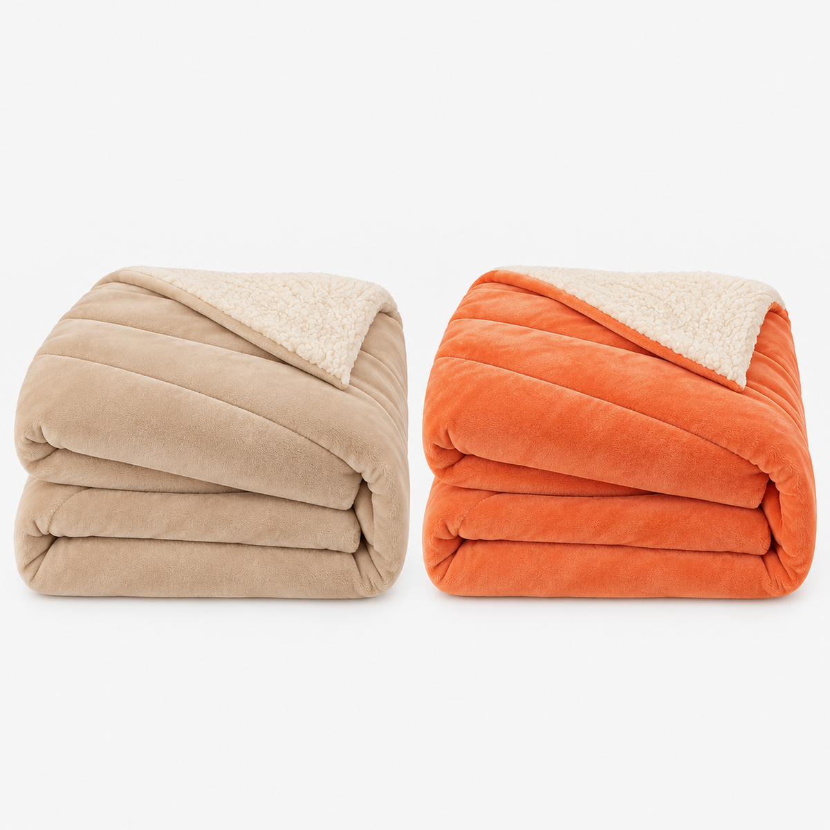 Merivola beige and orange sherpa fleece blankets folded side by side to compare the two colors
