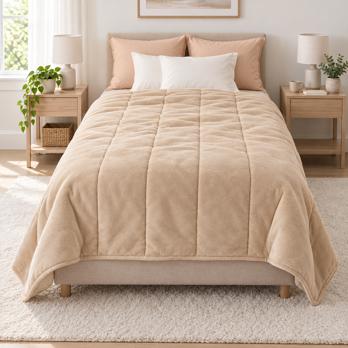 Merivola beige fleece throw blanket spread over a twin bed in a bright furnished bedroom