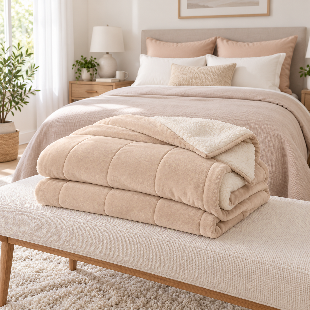 Merivola beige sherpa fleece blanket folded on a bedroom bench in daylight