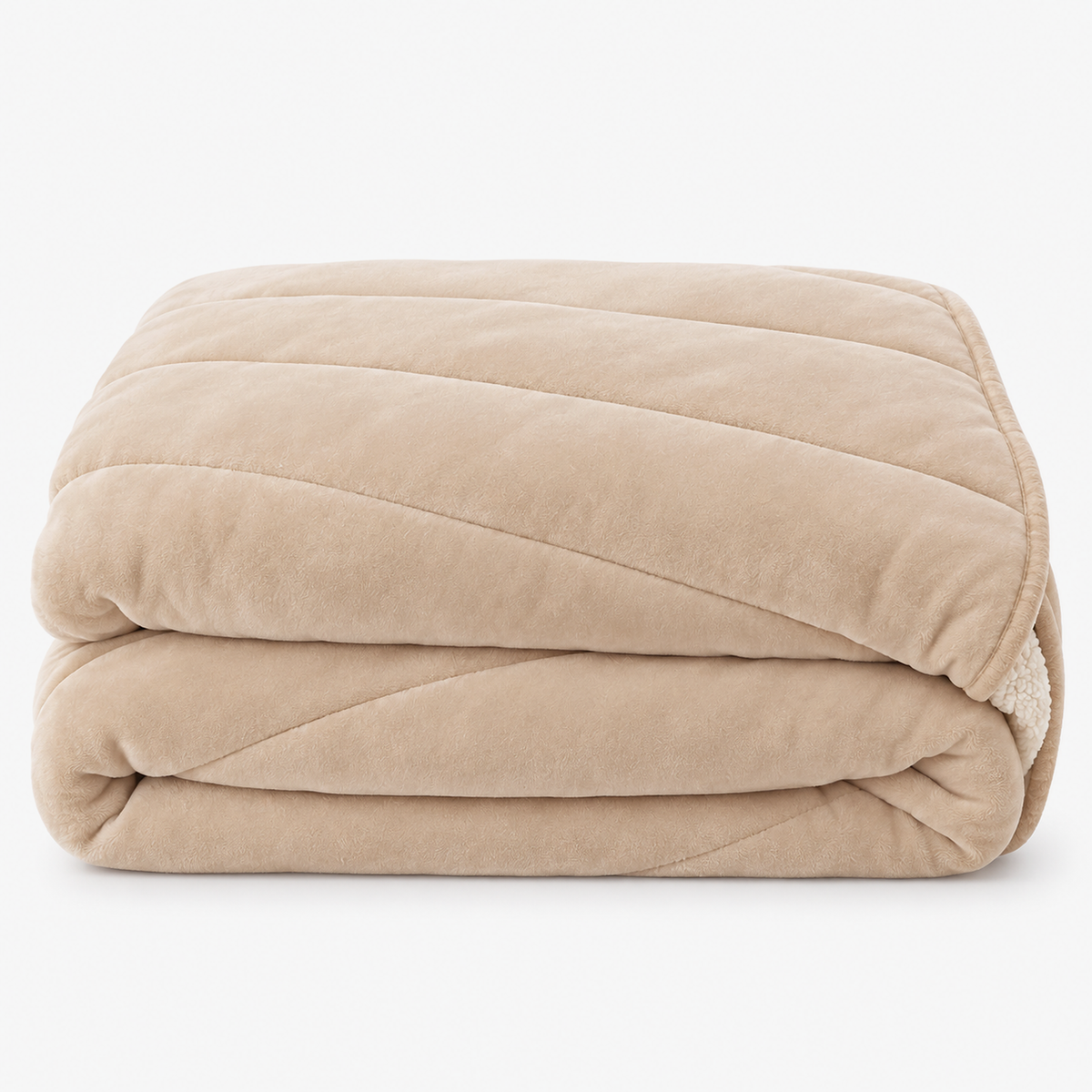 Merivola beige sherpa fleece blanket loosely folded on a plain backdrop