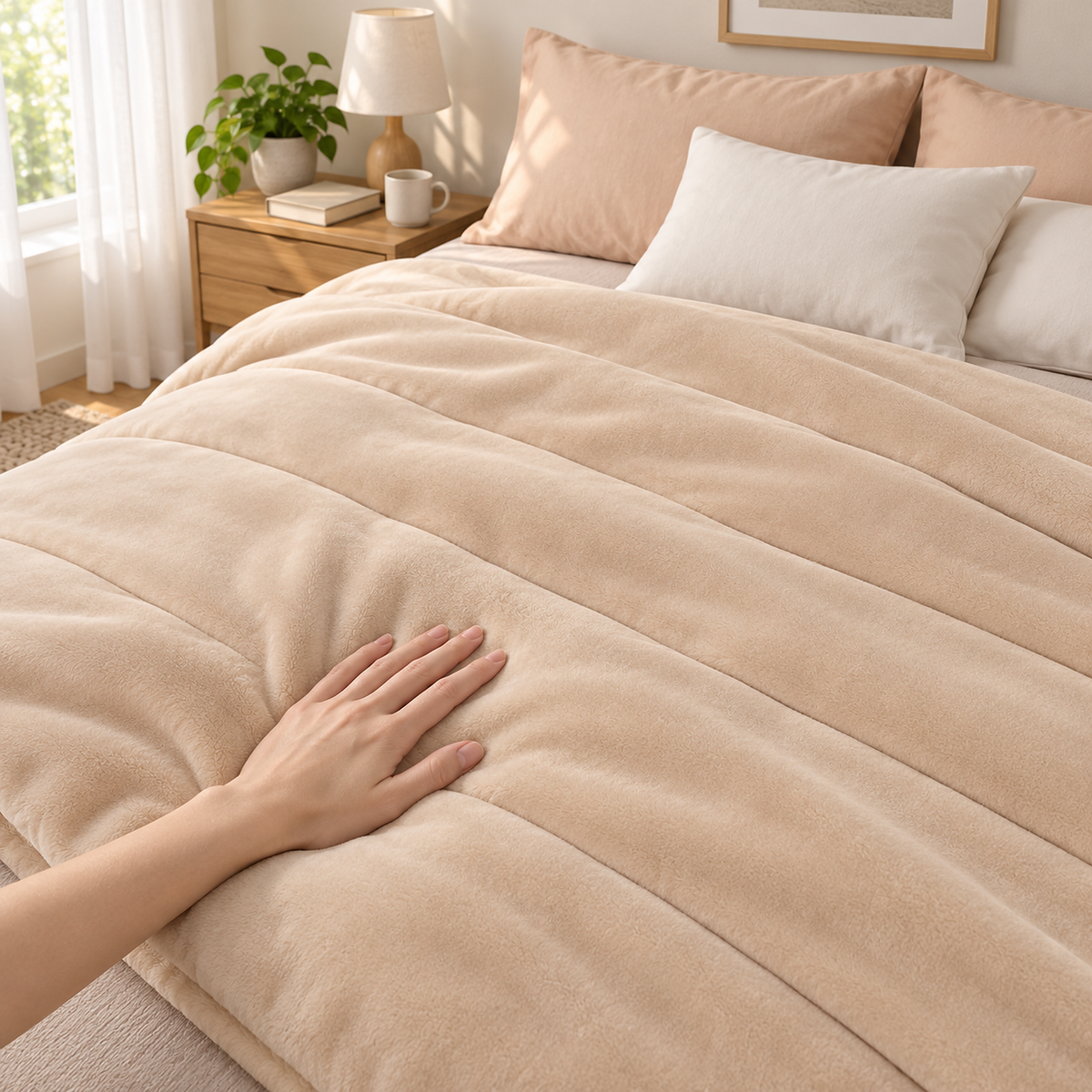 Merivola beige sherpa fleece blanket under a hand gently pressing into the milk fleece face