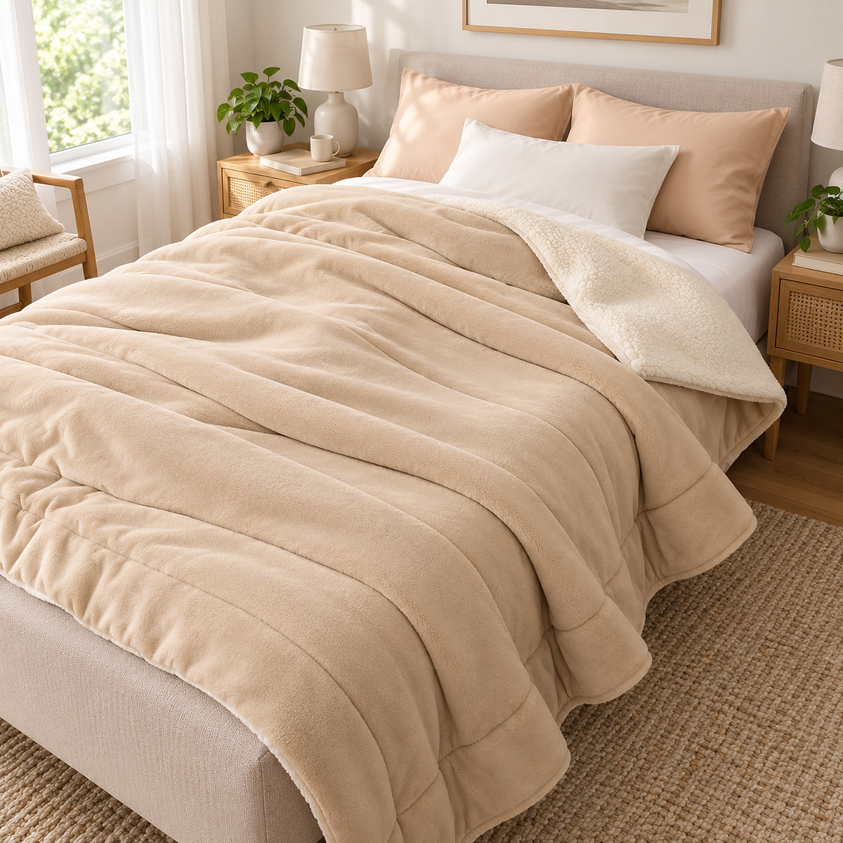 Merivola beige sherpa fleece blanket with its milk fleece face up across the bed in a bright main bedroom