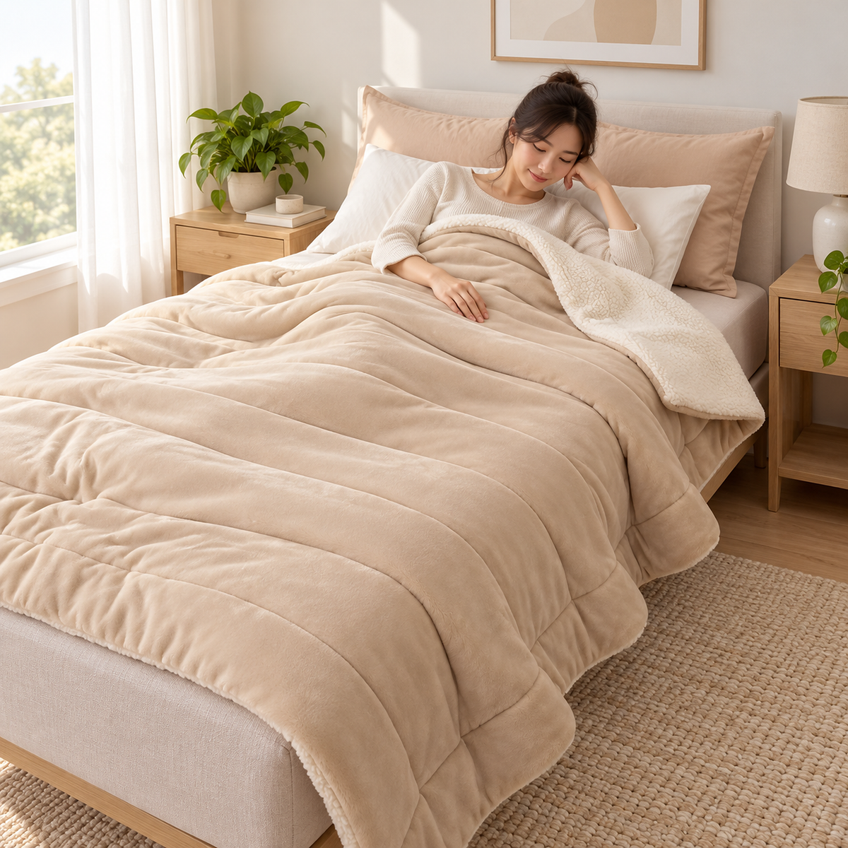Merivola beige throw blanket covering an adult resting in a pale guest bedroom