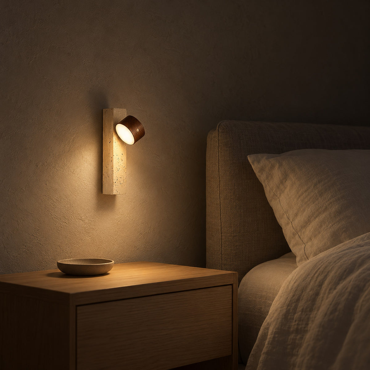 Mernavo dark wood and yellow travertine bedside wall light dimmed low beside the bed at night