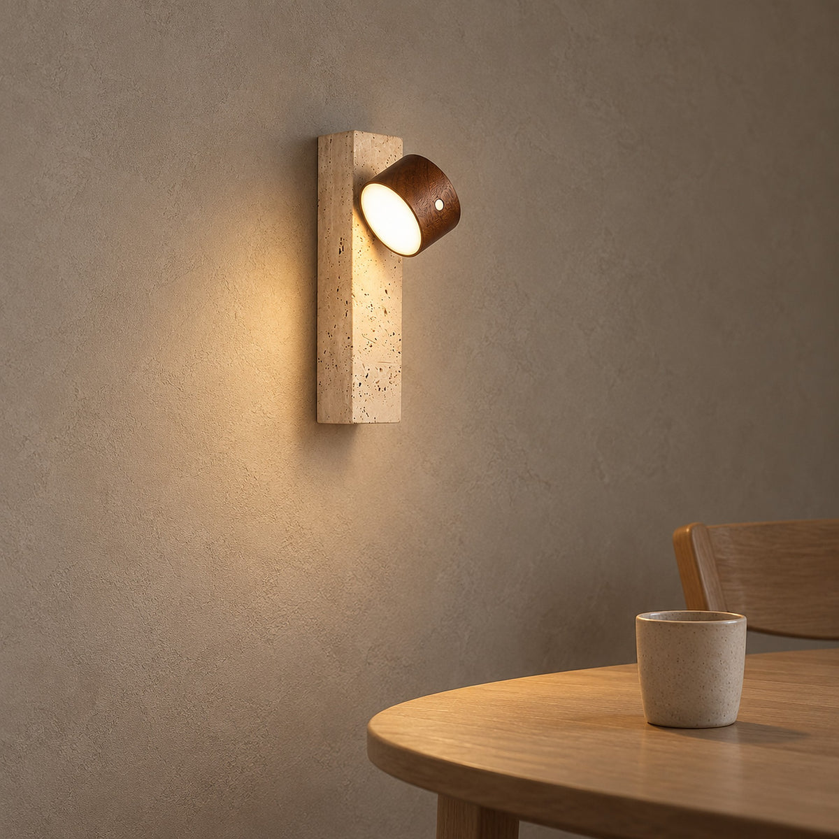 Mernavo dark wood and yellow travertine LED wall sconce lit beside a dining nook in soft daylight
