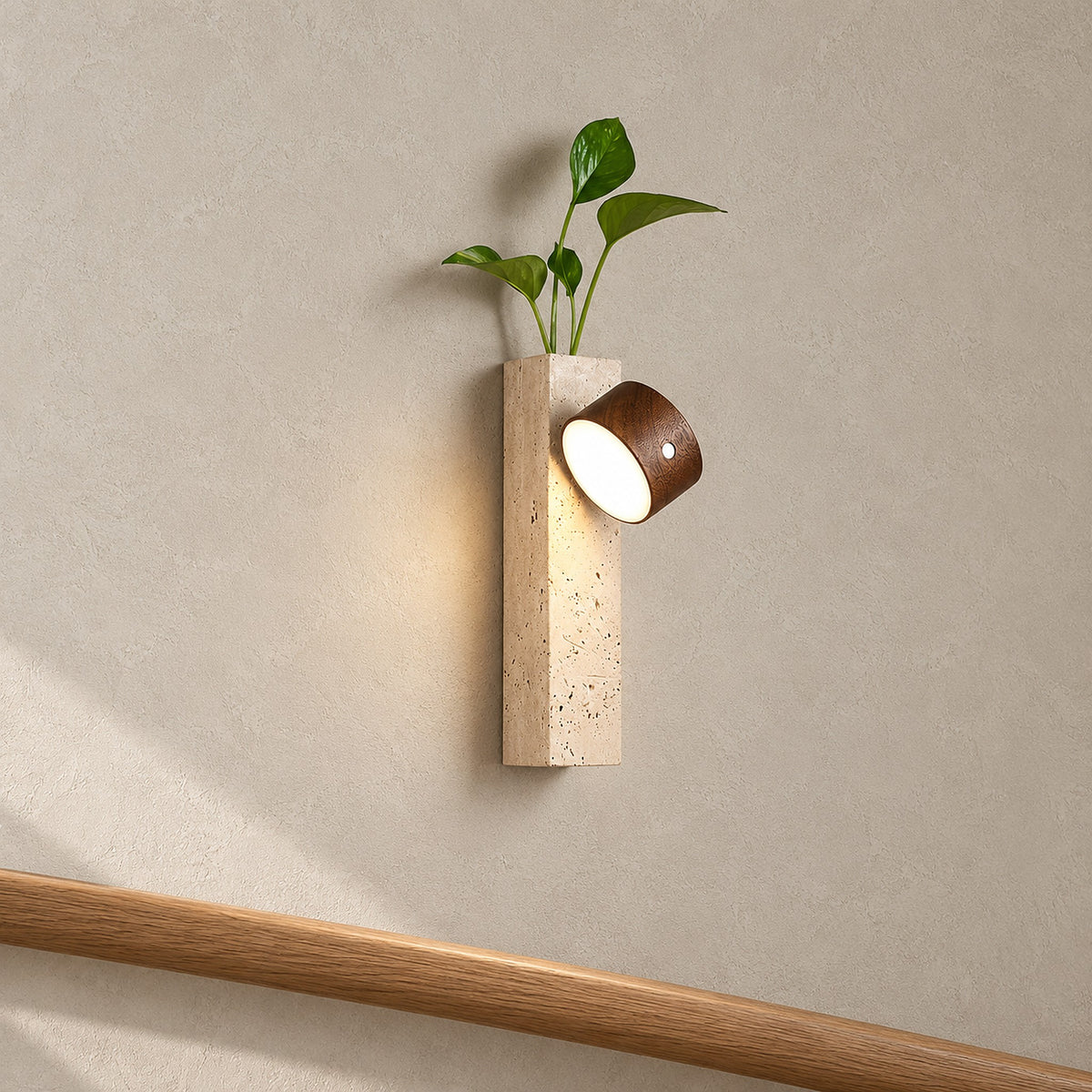 Mernavo dark wood and yellow travertine rechargeable wall sconce on a stair landing, plants not included