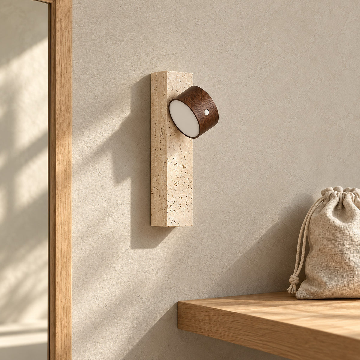 Mernavo dark wood and yellow travertine wall sconce unlit beside a dressing room mirror