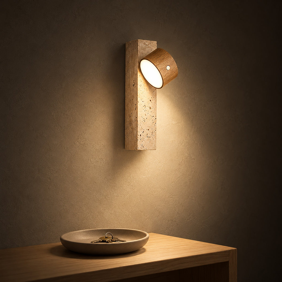 Mernavo light wood and yellow travertine battery operated wall sconce glowing in an entryway at night #color_light wood & yellow travertine