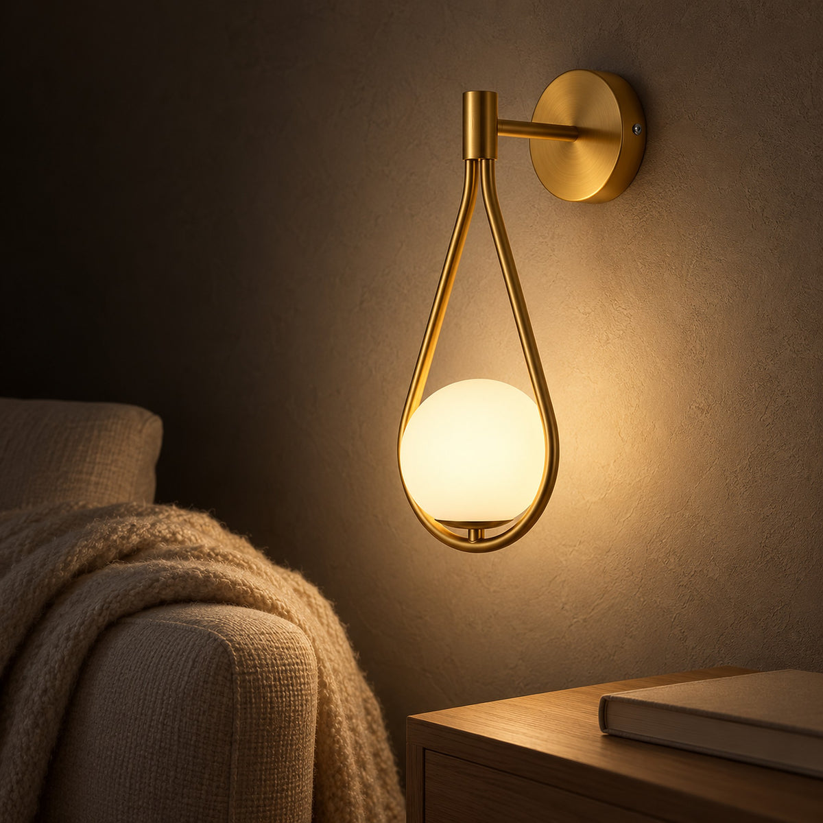 Mesaril gold wall light glowing beside the seating in a snug at night