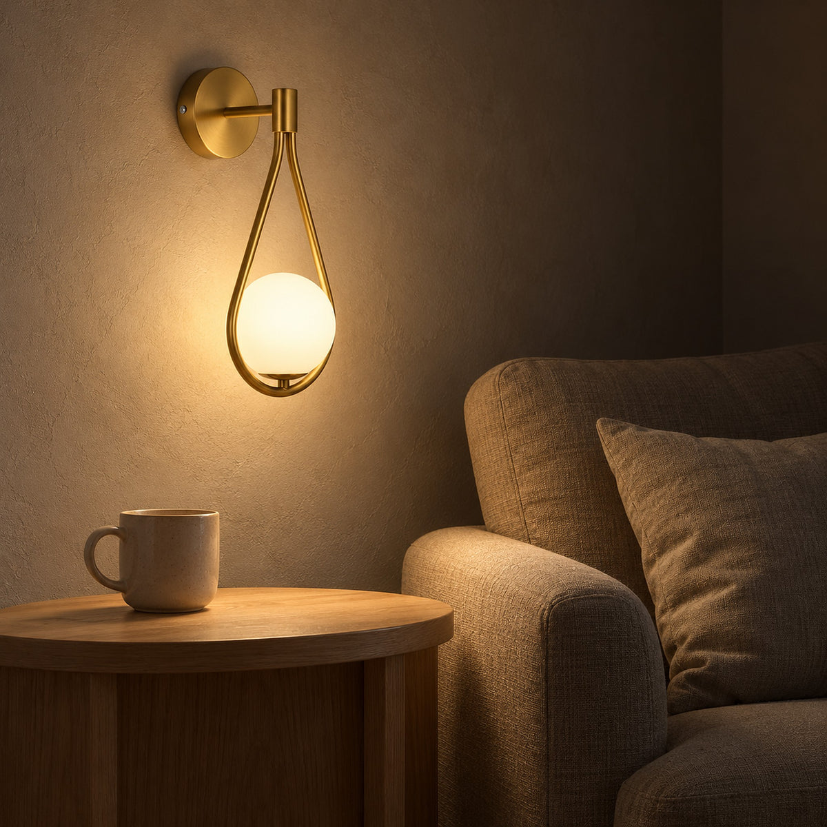 Mesaril gold wall sconce lighting an armchair in a reading corner at night