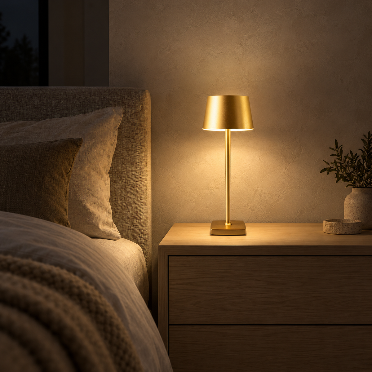 Mevolani gold table lamp with a rounded square base lit up beside a bed at night