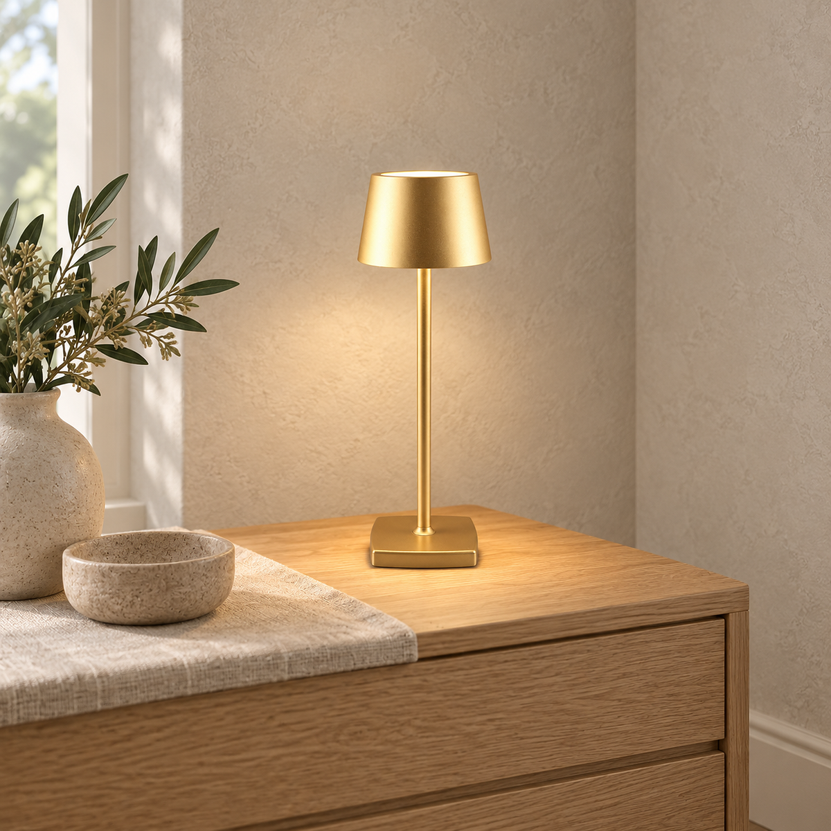 Mevolani gold portable table lamp lit with its low profile rounded square base resting flat in a dressing room