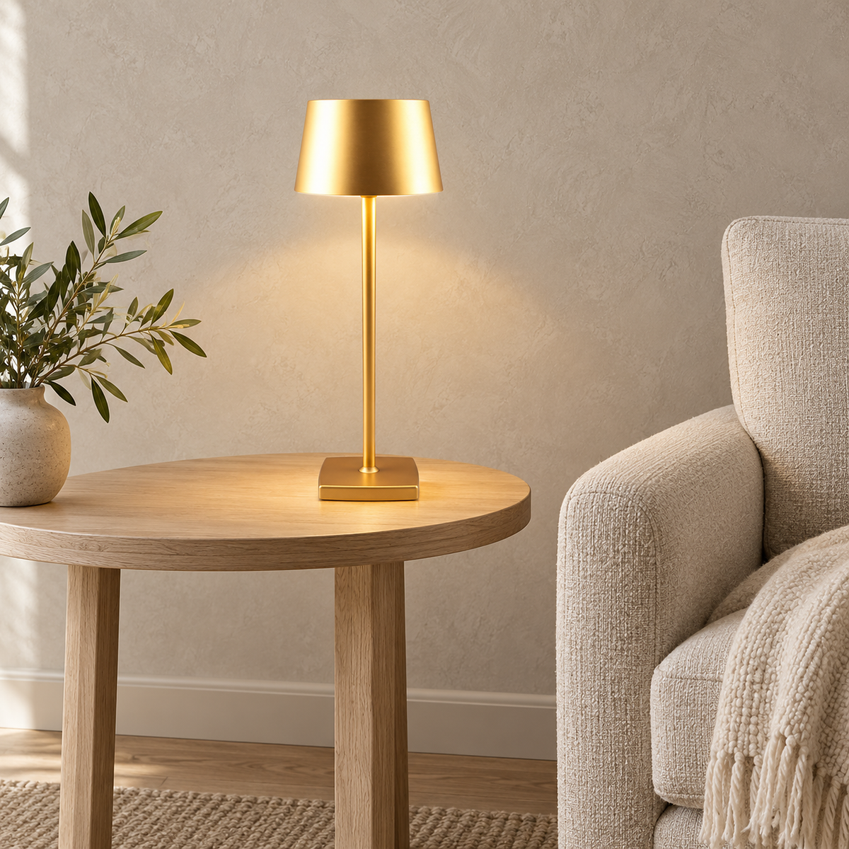 Mevolani gold rechargeable table lamp lit beside an oatmeal armchair in a library by day