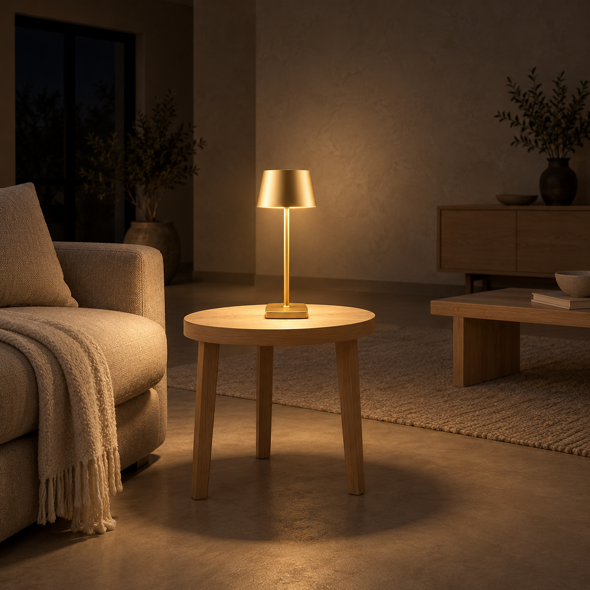 Mevolani gold table lamp lighting a freestanding table in a living room at night