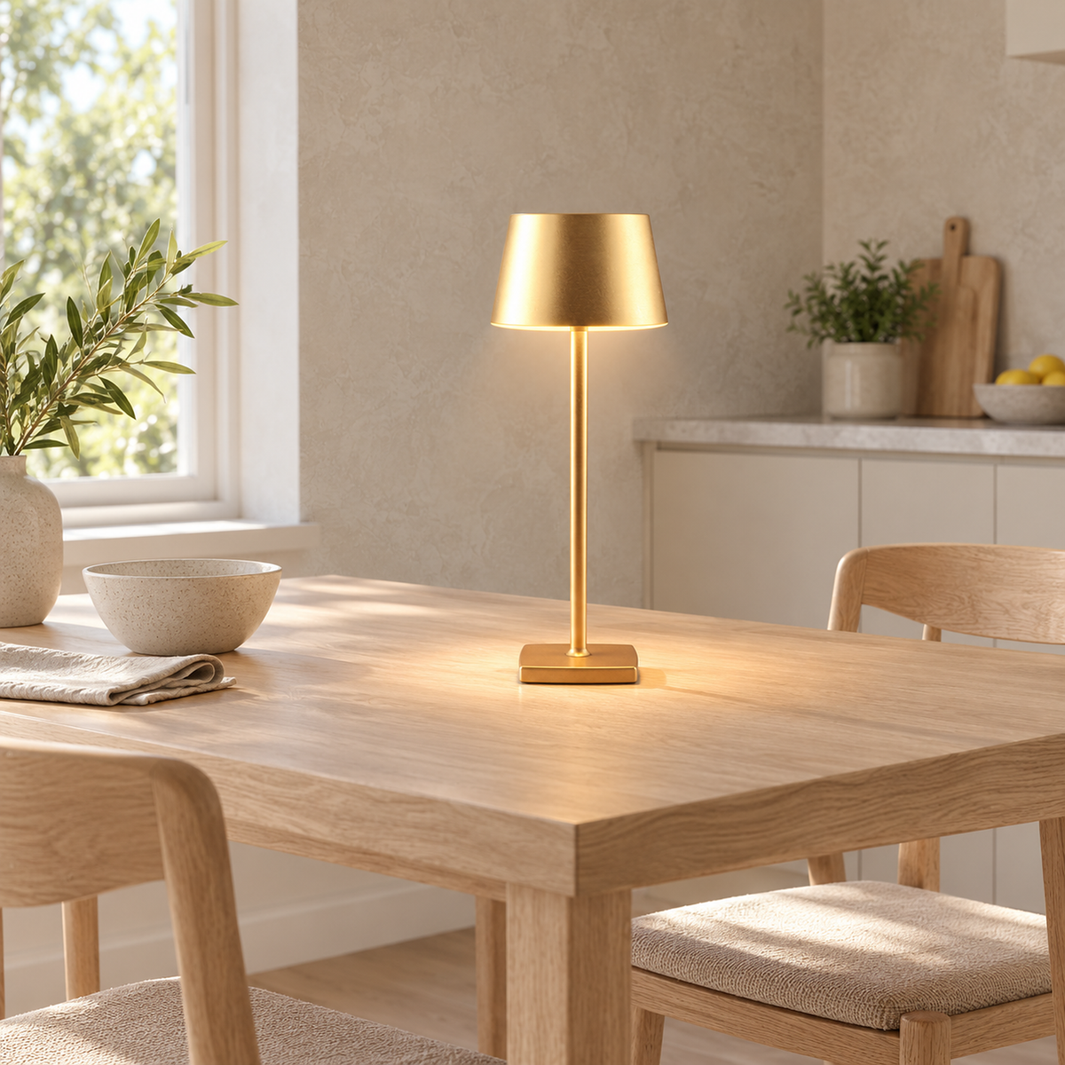 Mevolani gold table lamp standing on a kitchen breakfast table by day