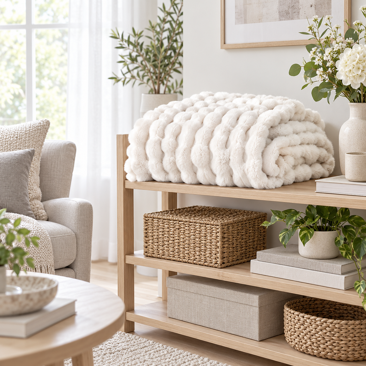 Mevorina cream white throw blanket loosely folded on a shelf in a daylit storage alcove #color_cream white