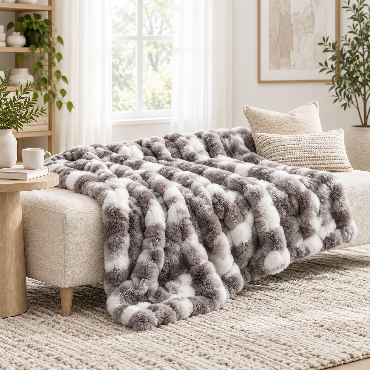 Mevorina gray fleece throw blanket in gray and white opened across a music room bench #color_gray