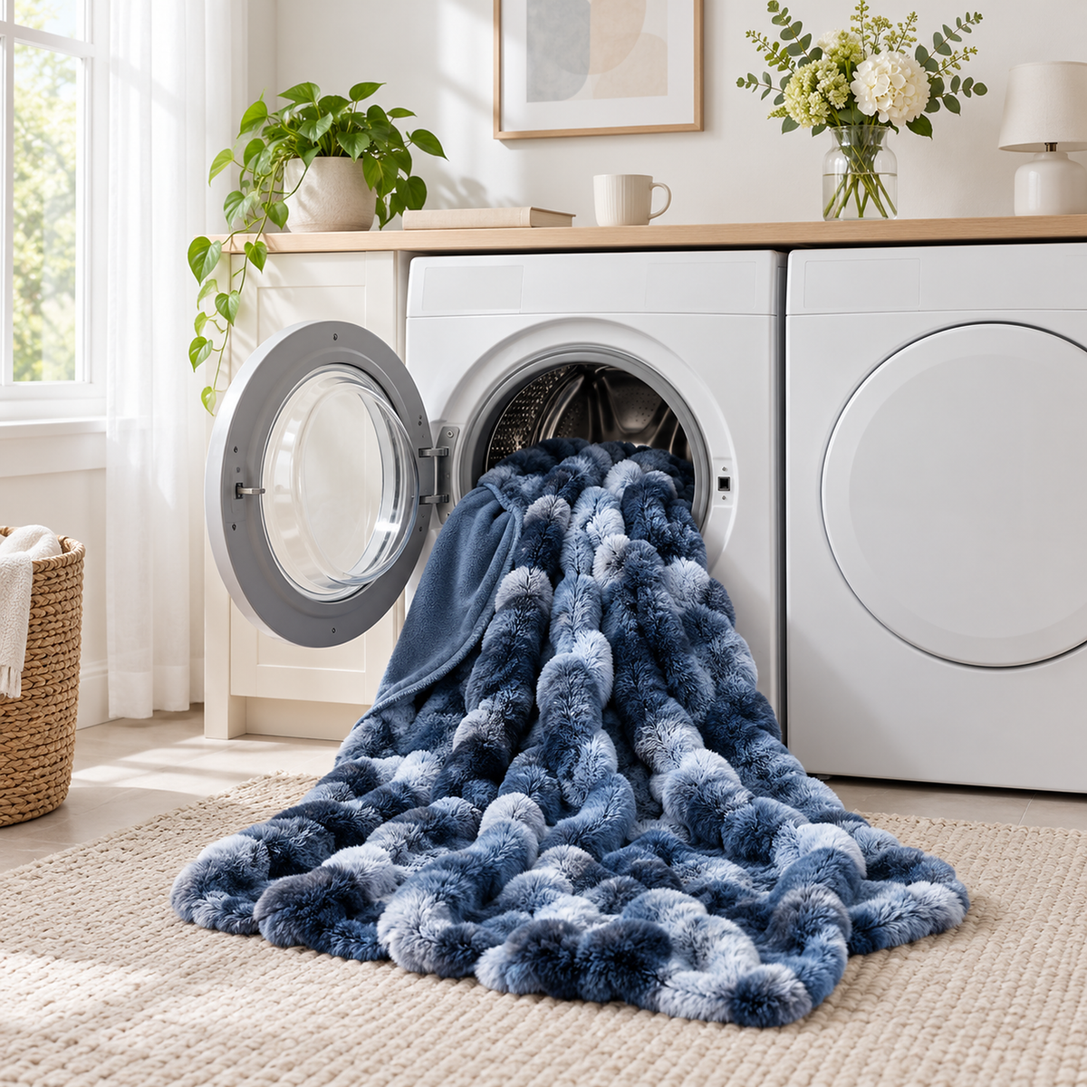 Mevorina tie dye blue faux fur throw blanket in a daylit laundry room ready for a cold gentle wash