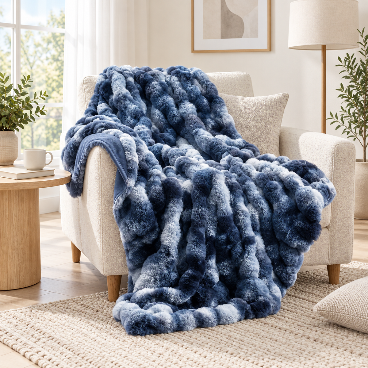 Mevorina tie dye blue fleece throw blanket with raised fur bubbles and channels on a reading armchair
