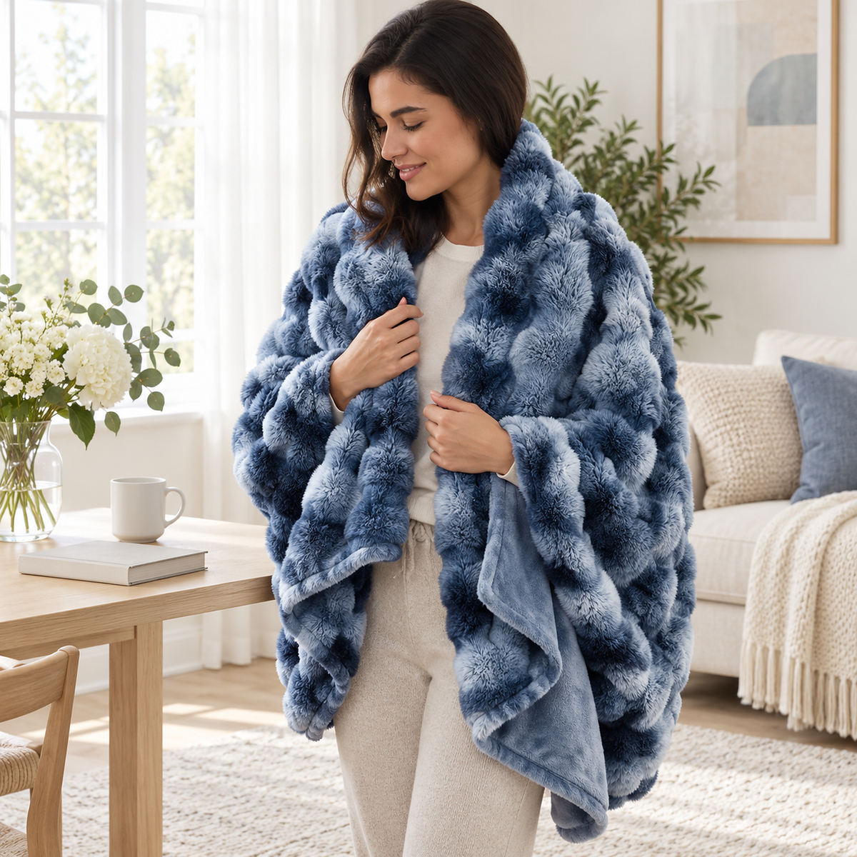 Mevorina tie dye blue fleece throw blanket worn around the shoulders by an adult in a bright sitting room