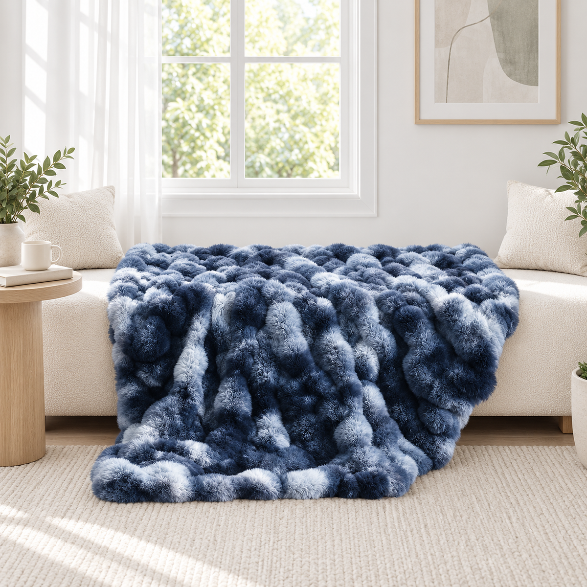 Mevorina tie dye blue soft throw blanket opened across a daylit upholstered window bench