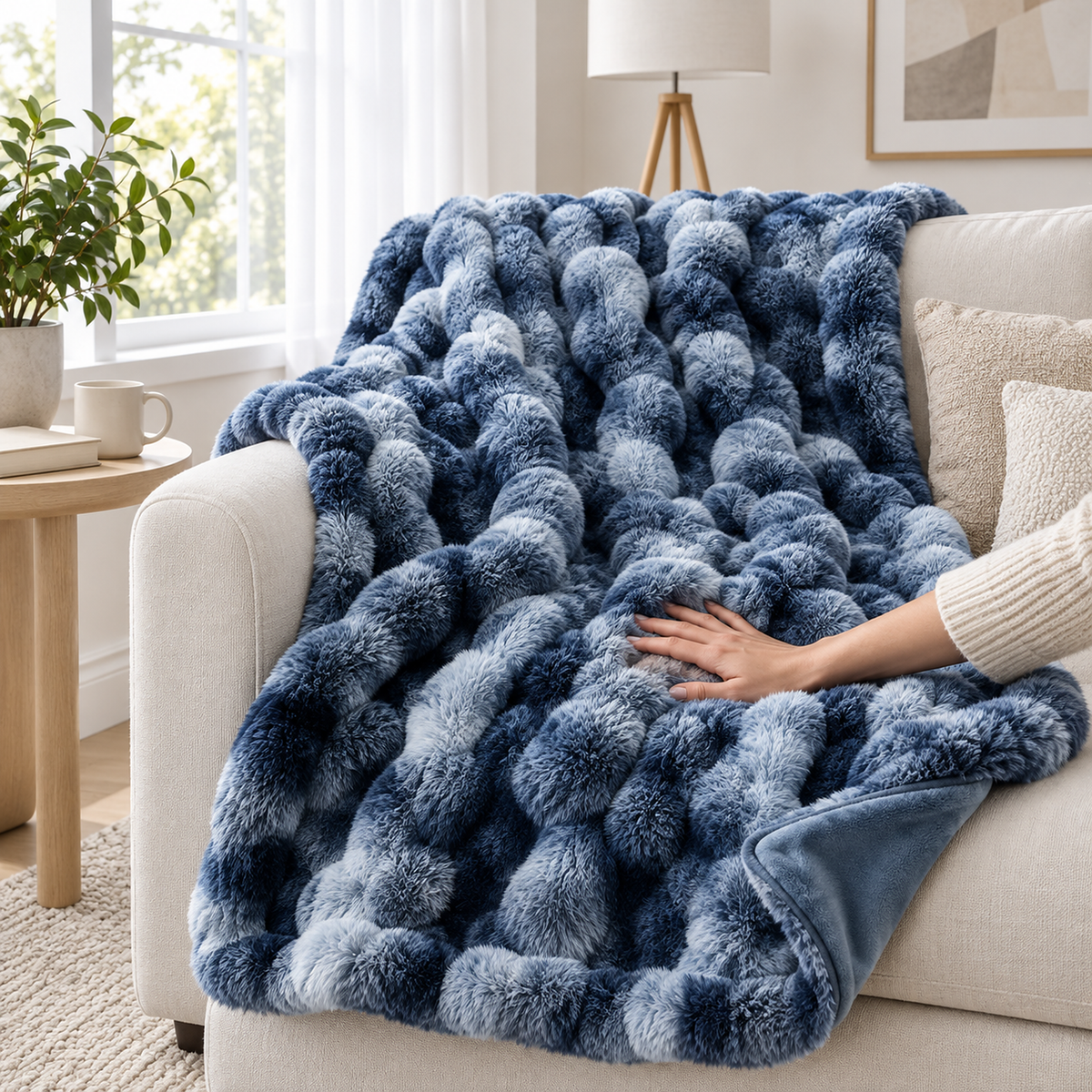 Mevorina tie dye blue soft throw blanket pressed by an adult hand to show the faux rabbit fur texture