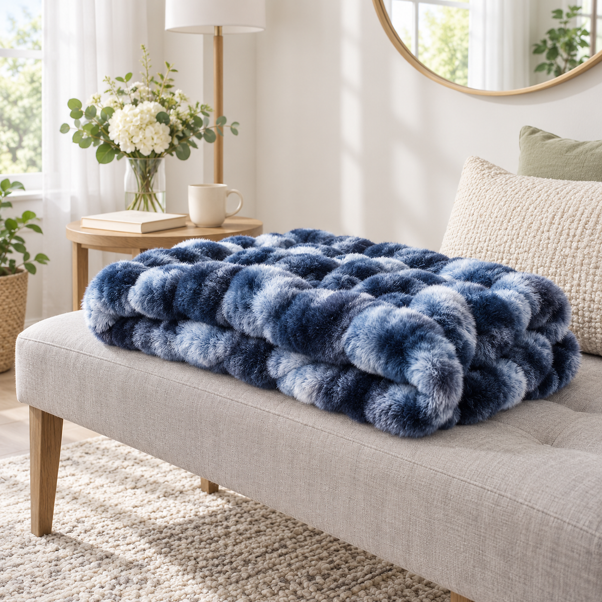 Mevorina tie dye blue throw blanket folded loosely on a dressing room bench showing pile depth