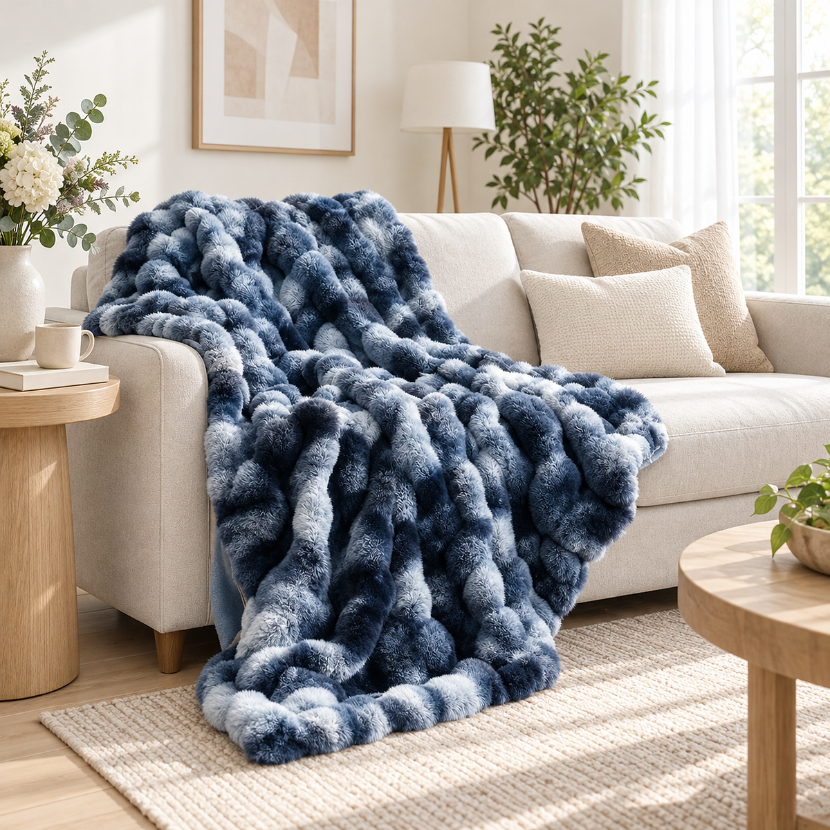 Mevorina tie dye blue throw blanket for couch laid open along a furnished living room sofa