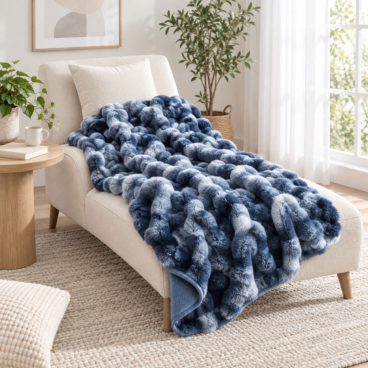Mevorina tie dye blue throw blanket for couch laid ready over a sunroom chaise