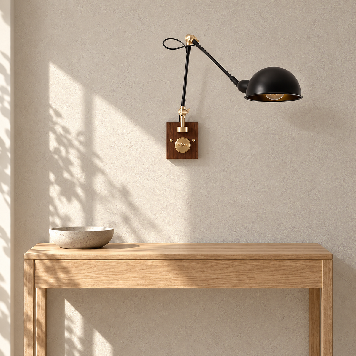 Milorena walnut color and black wall lamp switched off in a sunlit entryway