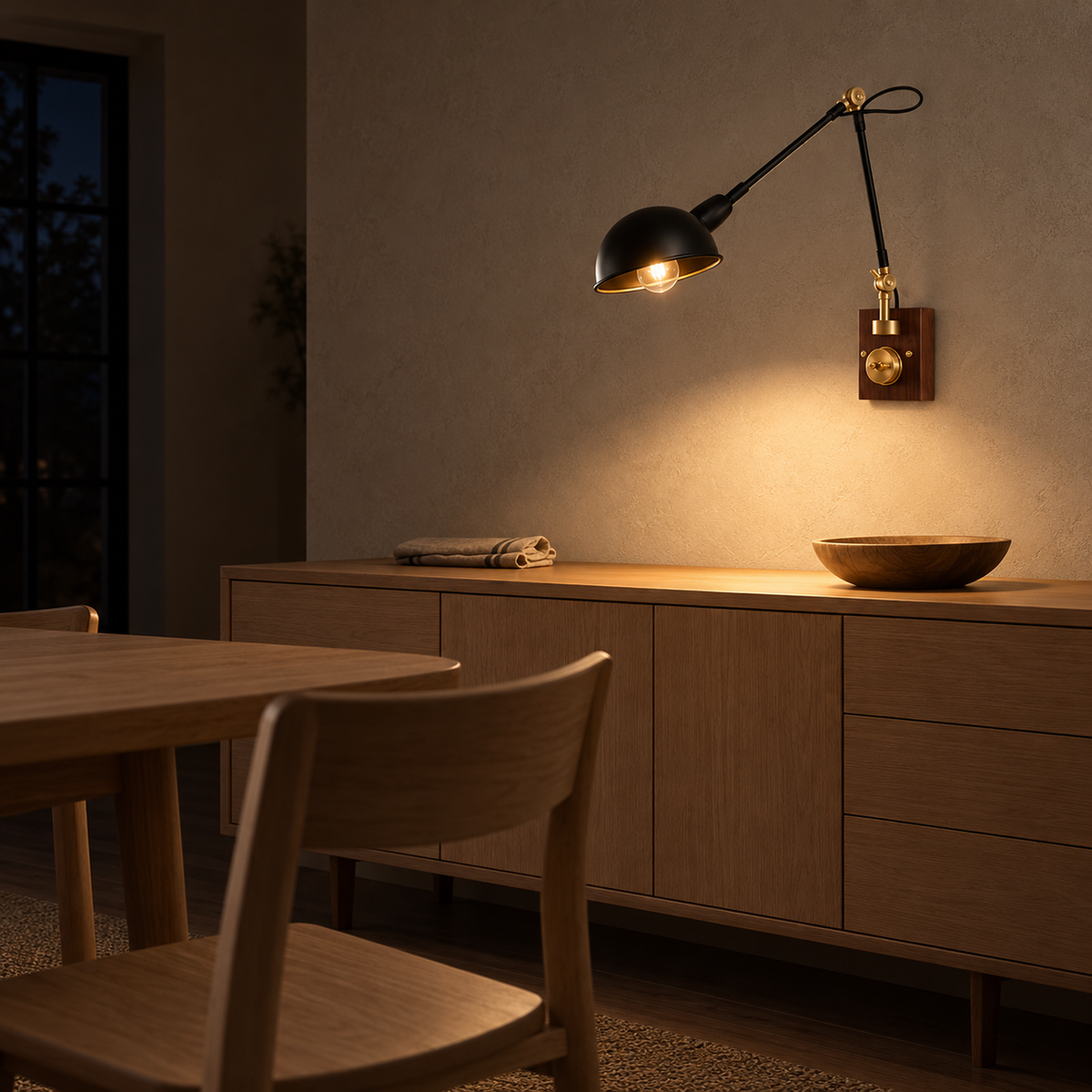 Milorena walnut color and black wall light lighting a dining room sideboard at night